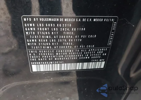 2018 Volkswagen Tiguan 2.0T S из США, поврежденный, VIN 3VV0B7AXXJM130141